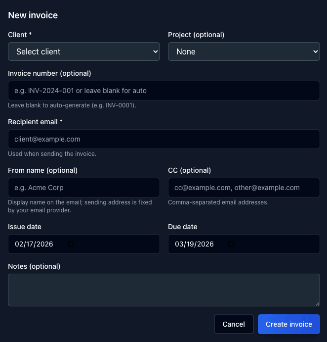 Create invoice from project and task data