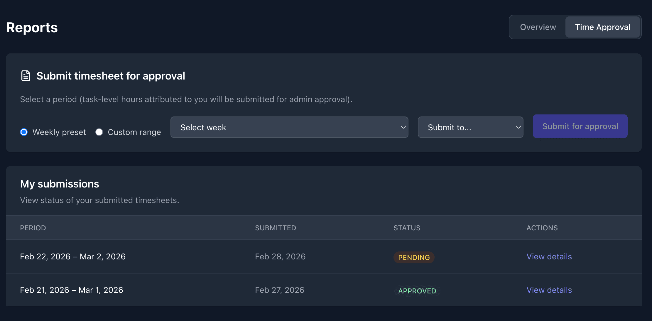 Time sheet submission screen showing a team member submitting hours for manager approval